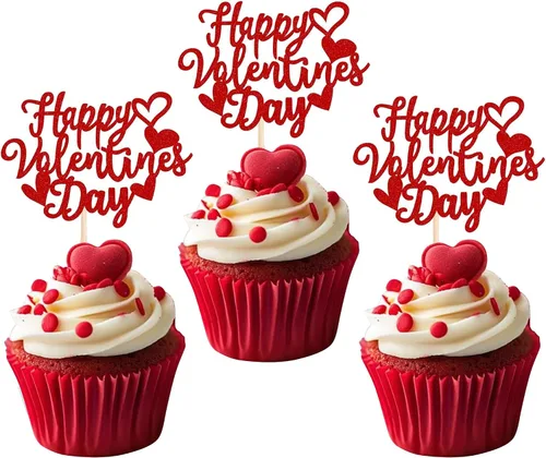 Miniatura 23 de Paquete de 24 adornos para cupcakes con purpurina en forma de corazón con temática de amor dulce, decoración de pasteles para el día de San