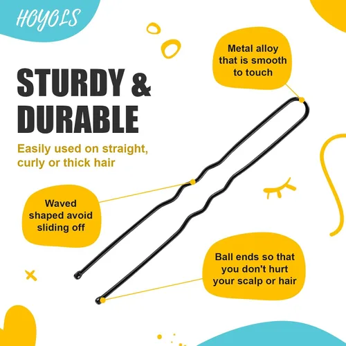 Miniatura 4 de HOYOLS Alfileres de pelo en forma de U, varios tamaños, clips de metal de sujeción segura, diseño prensado con puntas de bola para mujeres y niñas