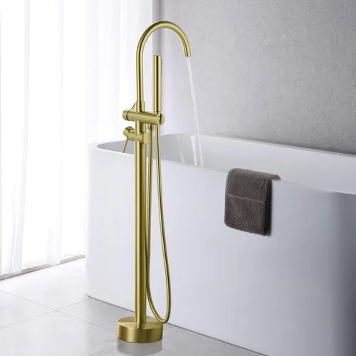 Miniatura 3 de Llenador de Bañera Independiente Grifo de Bañera Oro Cepillado Montado en el Piso Grifos de Latón con Ducha de Mano