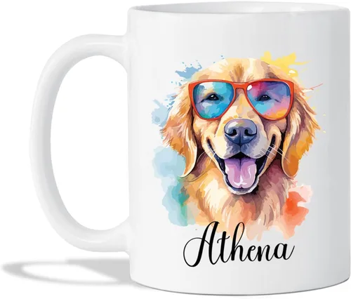 Golden Retriever personalizable con lentes de sol, taza de té con cara de perro, taza dorada con nombre personalizado, regalos para mujeres y Taza