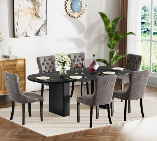 Miniatura 25 de Juego de 4 mesas de comedor extensibles, mesa de comedor ovalada negra y 4 sillas de comedor de terciopelo negro con patas de madera, juego de mesa