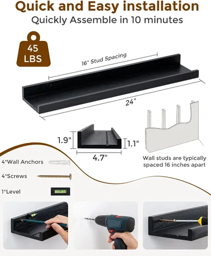 Miniatura 5 de Axeman Repisa para Cuadros de Roble, Estantes Flotantes de 24 Pulgadas, Juego de 2, Estantes de Pared de Madera de Roble Macizo con Reborde, Negro