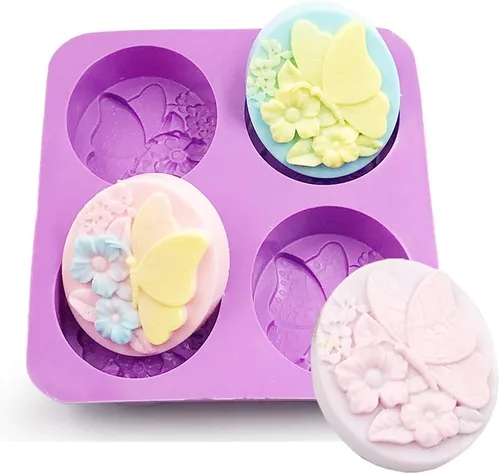 Miniatura 6 de EchoDone Molde ovalado de silicona para jabón de 4 cavidades, diseño de flores de mariposa ovaladas, moldes de silicona hechos a mano para jabón