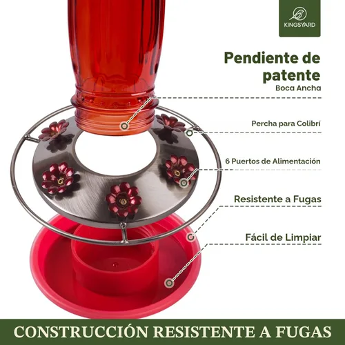 Miniatura 4 de Kingsyard Comedero de vidrio para colibríes para exteriores, comedero para pájaros silvestres con 6 puertos de alimentación para colgar para patio