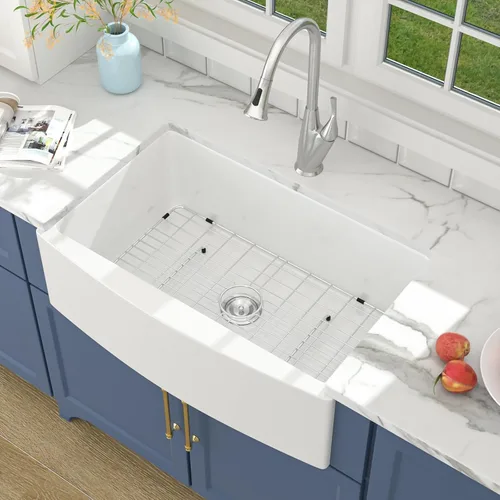 Miniatura 9 de Lordear Fregadero de Cocina Estilo Granja de 36 Pulgadas Blanco de Arcilla Refractaria Porcelana Cerámica Tazón Único Frente de Delantal Fregadero