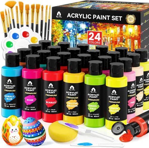 Juego de 40 piezas de pintura acrílica - 24 colores (2 onzas/60ml) con 12 pinceles, 2 cuchillos y paleta - Pigmentos ricos para adultos, artistas y