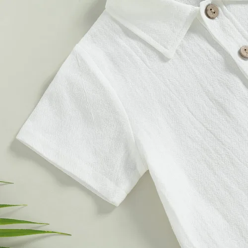 Miniatura 4 de BULINGNA Conjunto de 2 piezas de camiseta de manga corta con botones y pantalones cortos para bebé, algodón, lino, verano