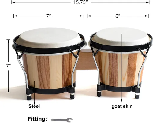 Miniatura 4 de Tambores Bongo para Niños Adultos Profesional 6" y 7" Tambores Bongo Afinables Hechos a Mano Instrumento de Percusión con Llave de Afinación y Bolsa