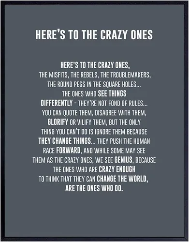 GRANDE 11 x 14 – Here's to the Crazy Ones– Póster motivacional de arte de pared – Citas inspiradoras – Refranes inspiradores para decoración de