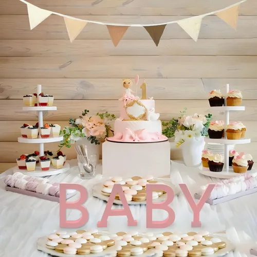 Miniatura 4 de Decoraciones de mesa de baby shower, 4 piezas separadas de madera para bebé, bloques de letras de madera, centros de mesa rosados, para decoración