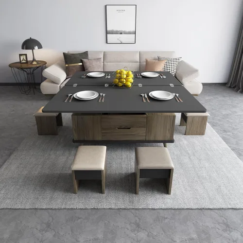 Miniatura 9 de Mesa de centro elevable con 4 taburetes de poliuretano, mesa de centro clásica de color negro con contraste marrón que se convierte en mesa