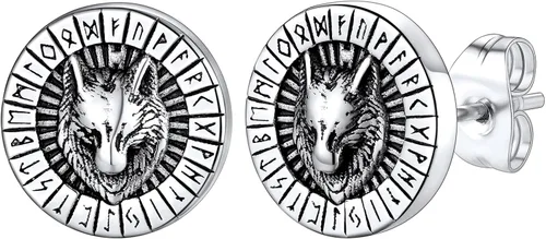 FaithHeart Aretes de tuerca vikingos nórdicos para hombres y mujeres, de acero inoxidable, con diseño de valknutbrújulanudo celtacabeza de lobo con