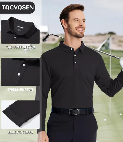 Miniatura 2 de TACVASEN Polo de manga larga para hombre, de secado rápido, absorbe la humedad, ligera, informal, con 3 botones