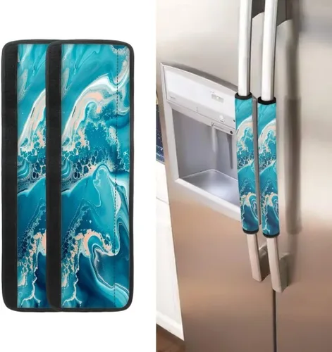 Miniatura 2 de Coldinair Fundas protectoras antideslizantes para manijas de puerta de refrigerador con estampado de mármol aguamarina, asas de decoración
