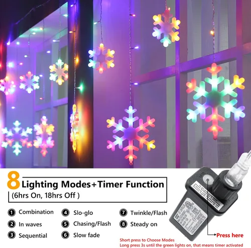 Miniatura 2 de Luces de copo de nieve de Navidad para exteriores, 17.22 pies, 264 luces LED de carámbano de copo de nieve con 22 gotas, 8 modos conectables