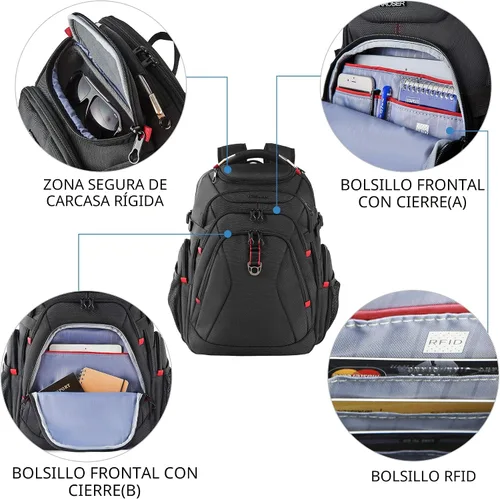 Miniatura 3 de KROSER Mochila de viaje para laptop de 17.3 pulgadas, XL, mochila para computadora con carcasa dura Saferoom, bolsillos RFID, repelente al agua