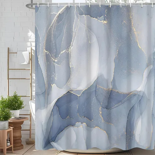 Miniatura 21 de Cortina de ducha abstracta de mármol negro gris y dorado con grietas, cortina de baño moderna ombre impresa, cortina impermeable y lavable de tela