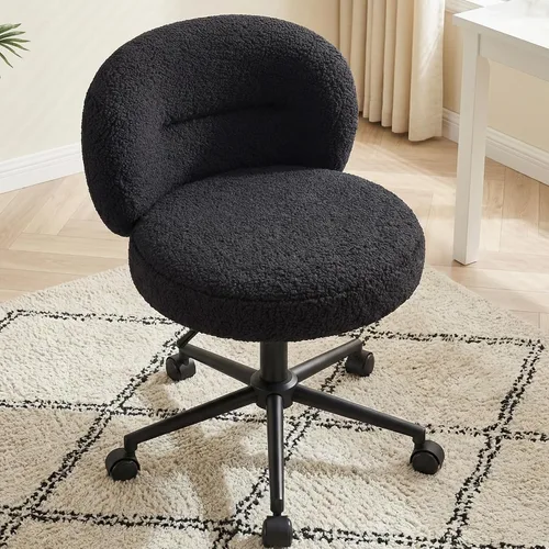 Homkdom Silla de escritorio redonda pequeña, silla de tocador sin brazos con ruedas, altura ajustable y giratoria de 360°, bonita silla de Negro