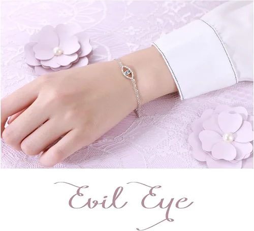 Miniatura 2 de Brazalete con cadena doble, con dije para mal de ojo, de plata de ley 925 y circonio cúbico, para mujer.