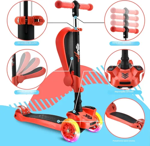 Miniatura 4 de Hurtle Patinete de 3 ruedas para niños, luces LED de ruedas, manubrio ajustable de inclinación para dirigir y asiento plegable, paseo sentado