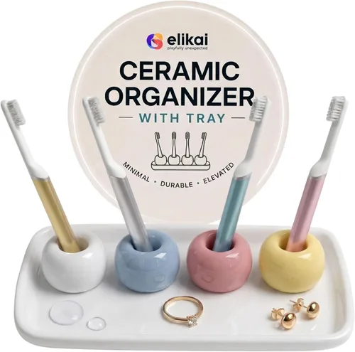 Miniatura 10 de ELIKAI Porta cepillos de dientes de cerámica con bandeja de baño, organizador de encimera para cepillos de dientes y accesorios, juego de soporte