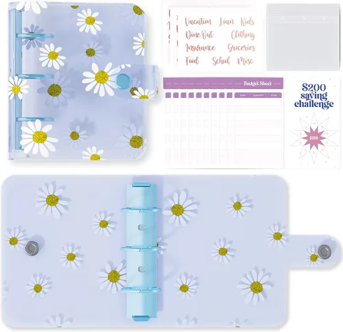 SOUL MAMA Mini Carpeta Billetera - Lindo Organizador de Dinero Azul Daisy con Sobres de Efectivo y Planificador de Presupuesto Claro