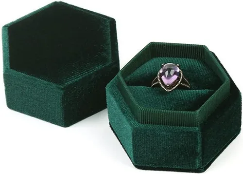 Miniatura 13 de Caja hexagonal de terciopelo para anillos con doble anillo, elegante caja de almacenamiento de joyas para propuestas, compromiso, aniversario, Blanco