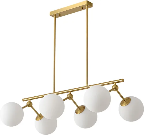Miniatura 9 de Candelabro lineal moderno de 6 luces con globo de cristal de leche Sputnik, lámpara colgante plateada para cocina, isla de comedor, sobre mesa