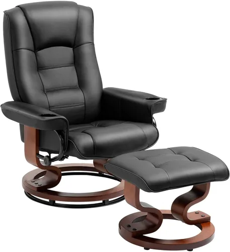 Miniatura 11 de AVAWING Silla reclinable con masaje por vibración, reclinable, de piel sintética, con otomana, giratoria, de madera, para sala de estar, color beige