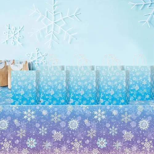 Miniatura 3 de HongXingHai Bolsas de regalo de Navidad con asas, paquete de 16 bolsas de papel kraft con diseño de copo de nieve, bolsas reutilizables para fiestas