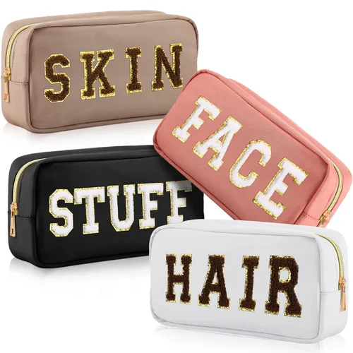 Remerry 4 piezas de bolsas de cosméticos de nailon impermeables, organizador de maquillaje espacioso para viajes para mujeres, bolsa de chenilla con