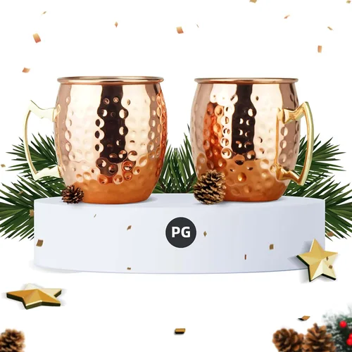 PG Moscow Mule Tazas – Tamaño grande 19 onzas – Juego de 2 tazas martilladas – Forro de acero inoxidable – Chapado en cobre puro – Mango de latón
