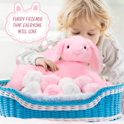 Miniatura 6 de Libima 5 juguetes de peluche de conejo de enfermería, color rosa de 15 pulgadas, suave, con 4 conejos magnéticos para bebé, conejito de peluche
