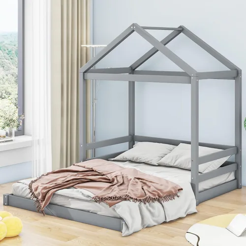 Miniatura 19 de Base de cama de metal de tamaño individual con plataforma en forma de casa de techo, para niños y niñas, soporte de metal resistente, perfecto