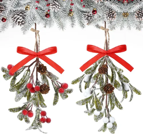 Miniatura 17 de Giegxin 1 pieza Adorno de Navidad Artificial de Muérdago Colgante con Lazo Rojo Bouquet de Adornos Colgantes de Navidad Floral con Piñas Naturales