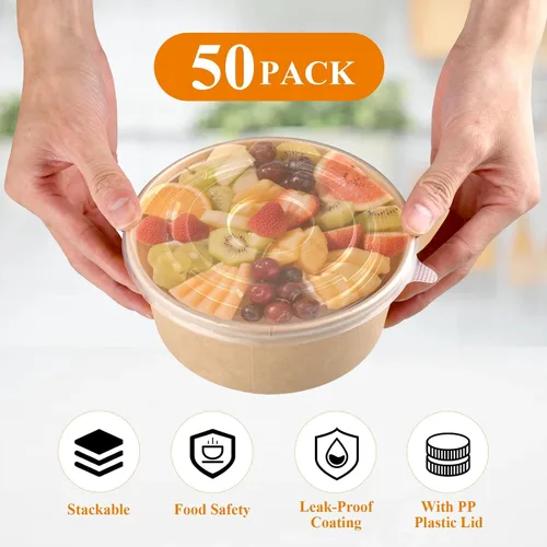 Miniatura 2 de 50 cuencos desechables de papel kraft con tapas, cuencos de papel de 25 onzas a prueba de fugas, suministros desechables para fiestas para servir