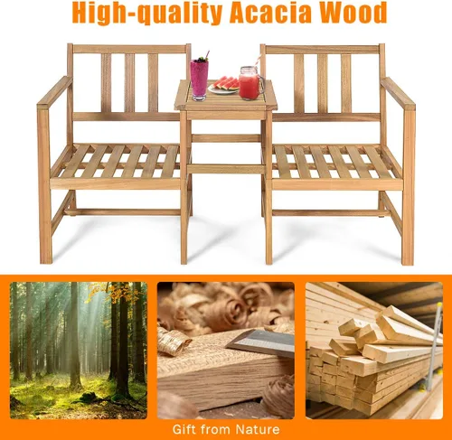 Miniatura 7 de Tangkula Sofá biplaza de madera de acacia 3 en 1 con mesa auxiliar separable, juego de sillas de madera de 3 piezas con cojines, juego de muebles