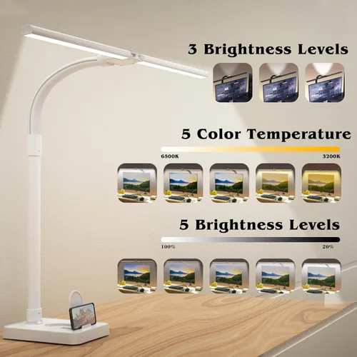 Miniatura 2 de AKRRYR Lámpara de escritorio LED para el hogar y la oficina, lámpara de 24 W brillante y para el cuidado de los ojos con base, luz de trabajo