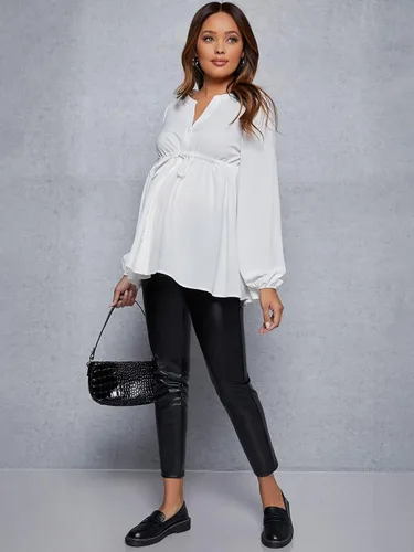 Miniatura 5 de MakeMeChic Camisa de maternidad de manga larga con cordón en la cintura para embarazo, blusa peplum
