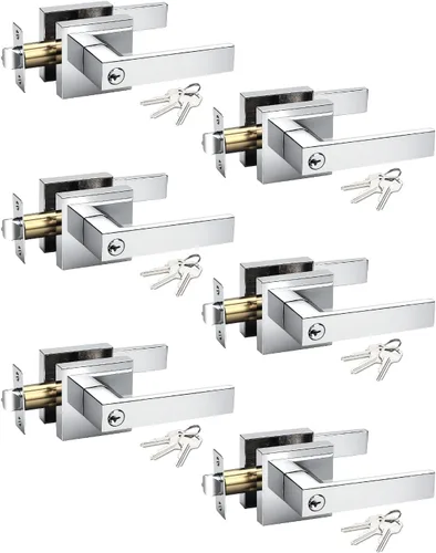 Miniatura 11 de KNOBWELL Juego de 6 manijas de puerta de entrada resistentes color negro mate con llave igual/combo con llave, manija de puerta clásica
