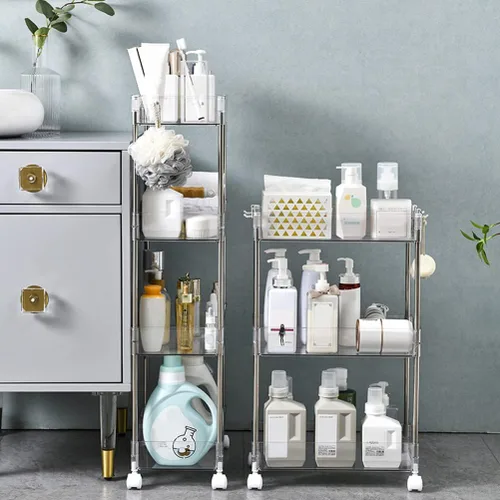 Miniatura 3 de Holibanna Carrito de almacenamiento delgado con ruedas de 3 niveles, estantería móvil, organizador de baño, blanco, transparente, para cocina, baño