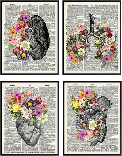 Juego de decoración de pared de diccionario de órganos y flores, impresiones vintage recicladas sin marco de 8 x 10 pulgadas para el hogar o la