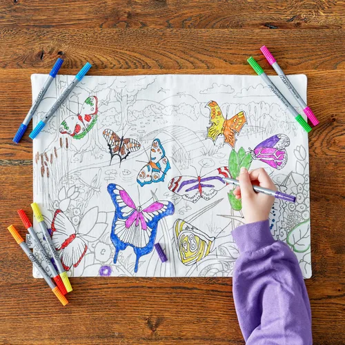 Eatsleepdoodle Mantel individual de mariposa en su propia bolsa de transporte de algodón para colorear, divertido mantel individual educativo de