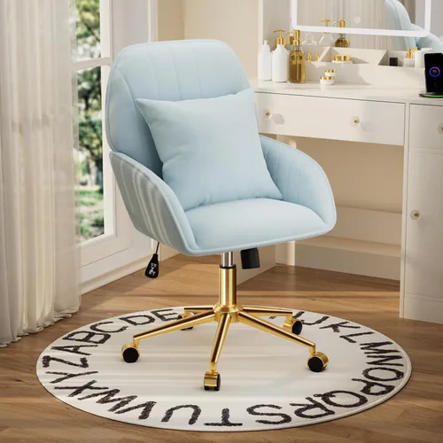 Miniatura 8 de Silla de escritorio para oficina en casa cómoda con ruedas ajustables giratorias, silla moderna de terciopelo para maquillaje con respaldo y Azul