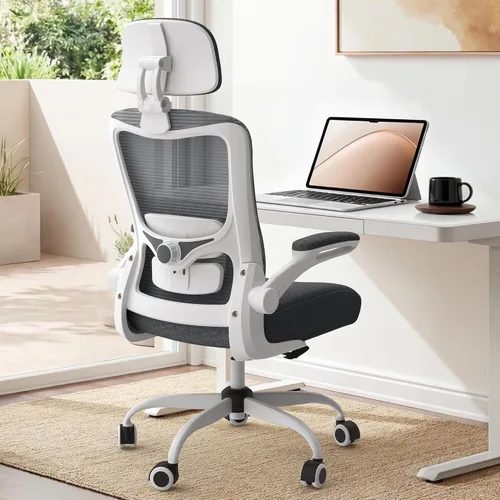 Miniatura 12 de Silla de oficina, silla de escritorio ergonómica de malla con soporte lumbar ajustable y reposacabezas, reposabrazos abatibles, silla de trabajo