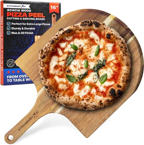 KitchenStar Pela de pizza de madera de acacia de 16 pulgadas – Tabla de cortar y servir de madera extra grande con mango – Acabado de aceite natural