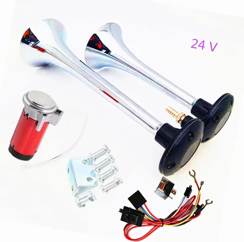 Miniatura 8 de Bocina de aire del coche 165DB tono alto y bajo 24 V doble tubo trompeta camión plata cromo zinc auto con dos bombas de compresor para barco