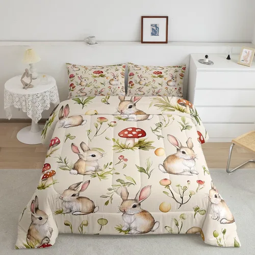 Miniatura 16 de Feelyou Juego de ropa de cama de conejo para niños, tamaño individual, juego de edredón de conejo para niñas y mujeres, edredón de plumón verde