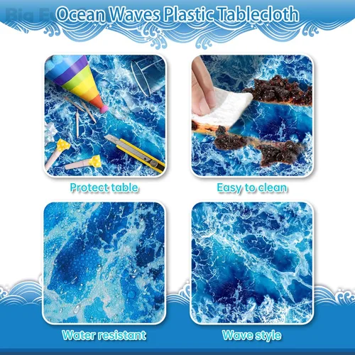 Miniatura 3 de Mantel de plástico con estampado de olas del océano azul bajo el mar, para playa, piscina, fiesta de cumpleaños, suministros de decoración