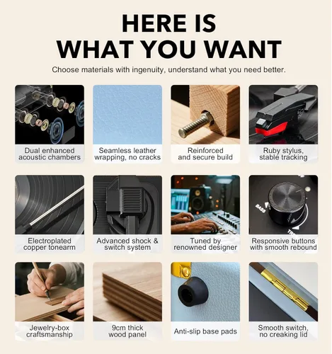 Miniatura 6 de VINYLSLINK Reproductor de discos de vinilo con Bluetooth, tocadiscos portátil de 3 velocidades con control de agudos y graves, altavoces estéreo Azul